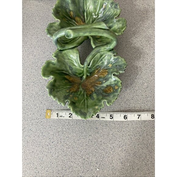 Glazed Double Cabbage Leaf Nut Candy Tidbit Dish With Handle Green Vtg - Picture 10 of 10